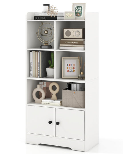Giantex 4-Tier Bookcase with Doors, Small Bookshelf with 5 Cubbies and 2 Cabinets, White Freestanding Bookshelf