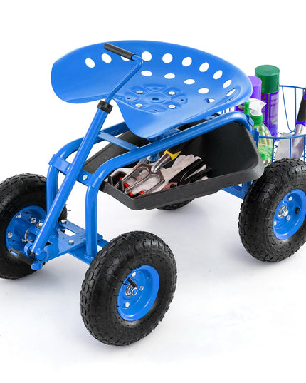 Giantex Garden Cart, 4-Wheel Gardening Workseat with Storage Basket