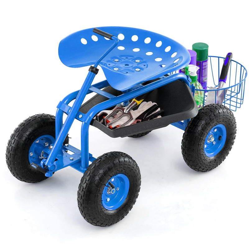 Giantex Garden Cart, 4-Wheel Gardening Workseat with Storage Basket
