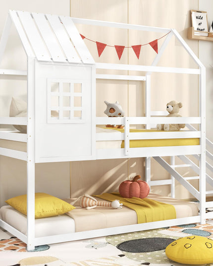 Giantex Twin Bunk Beds with Stairs, Floor House Bed with Roof & Window