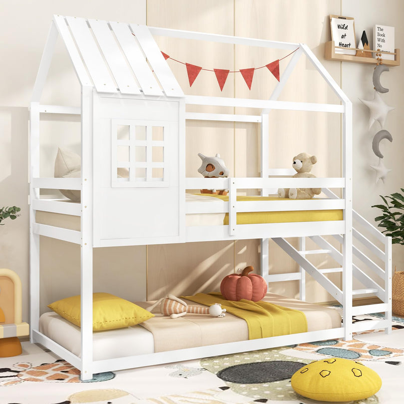 Giantex Twin Bunk Beds with Stairs, Floor House Bed with Roof & Window