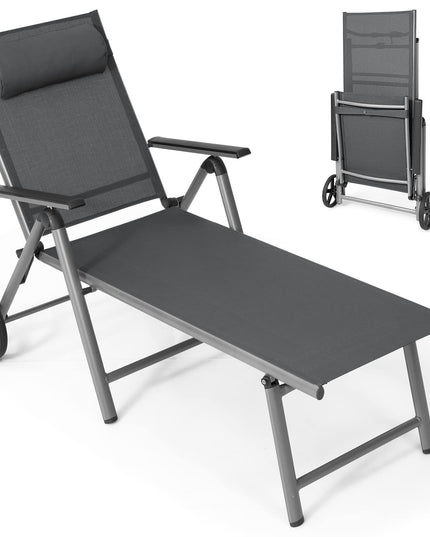 Giantex Chaise Lounge Outdoor Chair- Patio Folding Lounge Chair with Wheels, 7 Adjustable Level