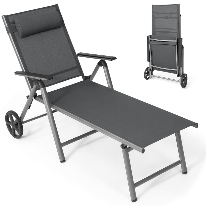 Giantex Chaise Lounge Outdoor Chair- Patio Folding Lounge Chair with Wheels, 7 Adjustable Level