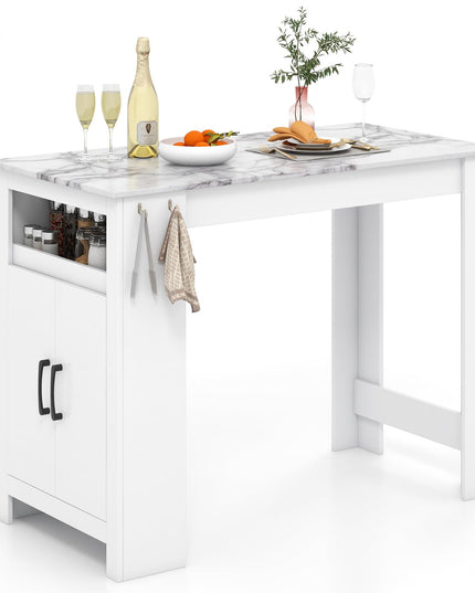 Giantex Bar Table, 47” Counter Height Dining Table with 7 Hanging Hooks, Compartment, Cabinet & Adjustable Shelf