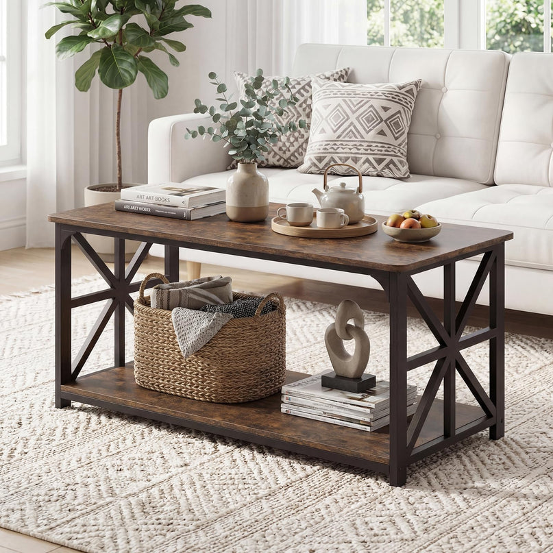 Giantex Farmhouse Coffee Table | 43" Center Table with Storage & X-Shaped Frames