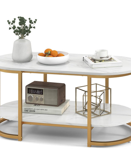 Giantex White Marble Coffee Table - Modern 2-Tier Center Table w/Open Storage Shelf