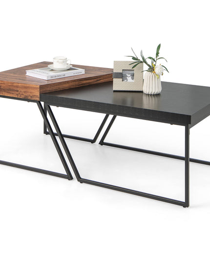 Giantex Stacking Coffee Table Set of 2, Black & Brown Modern Side Table