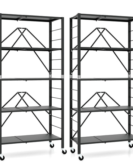 Giantex 5-Tier Foldable Storage Shelf with Wheels Set of 1/2, Collapsible Shelving Unit with Adjustable Shelves