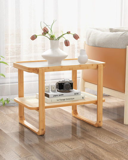 Giantex Rattan Side Table, Boho End Table with Glass Top and 2-Tier Storage Shelves