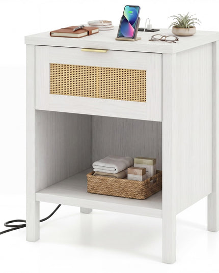 Giantex Rattan Night Stand with Charging Station