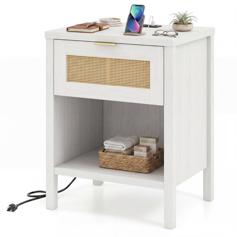 Giantex Rattan Night Stand with Charging Station