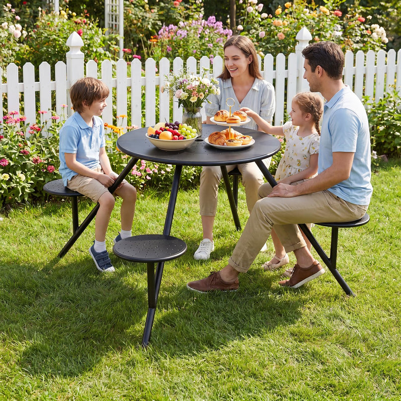 Giantex Round Picnic Table Set with 4 Built-in Seats and 1.77" Umbrella Hole