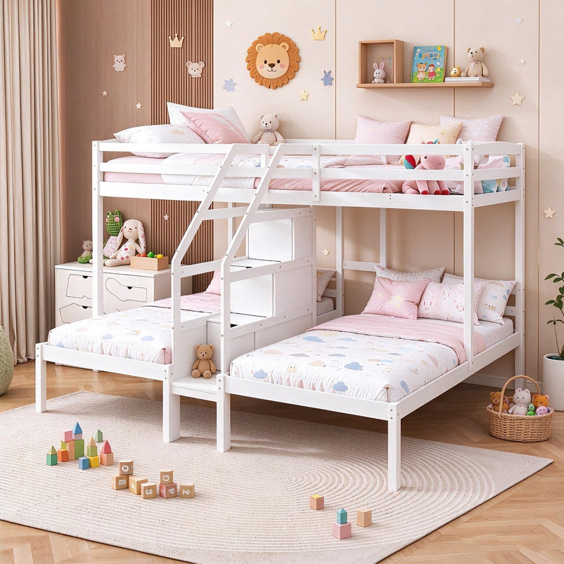 Giantex Lit Superposé Triple (Lits Jumeaux sur Lits Jumeaux et Lits Jumeaux) avec Escalier de Rangement à 4 Marches, 3 Lits Superposés en Bois pour Enfants et Adolescents