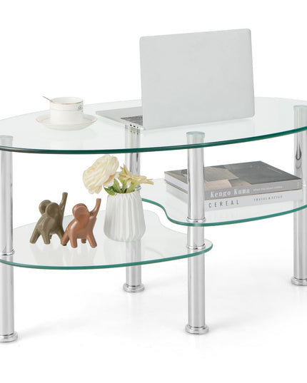 Giantex Oval Glass Coffee Table - 3-Tier Transparent Tempered Glass Center Table with Metal Stand, 35"× 20" ×18"