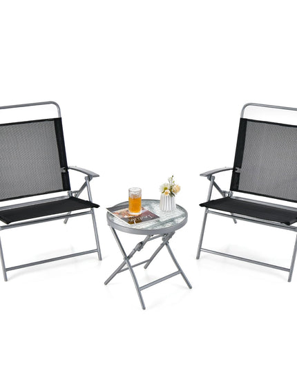 Giantex 3PCS Patio Bistro Set, Folding Outdoor Patio Table Set with 2 Foldable Chairs, 1 Ripple-Like Glass Table