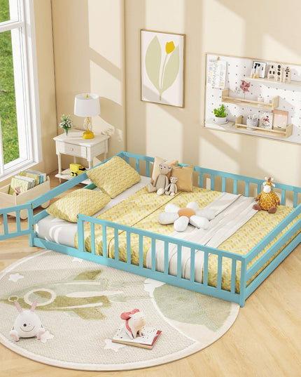 Giantex  Floor Bed with Door & Fence Kids Wood Montessori Bed