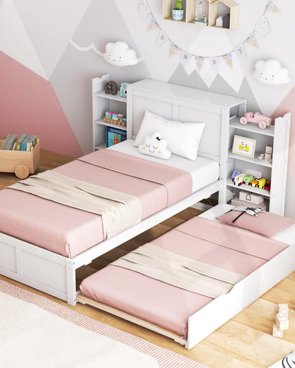 Giantex Full Bed Frame with Twin Trundle, Wooden Bed Wooden Bed Frame with 2 Rolling Bookcases & High Headboard