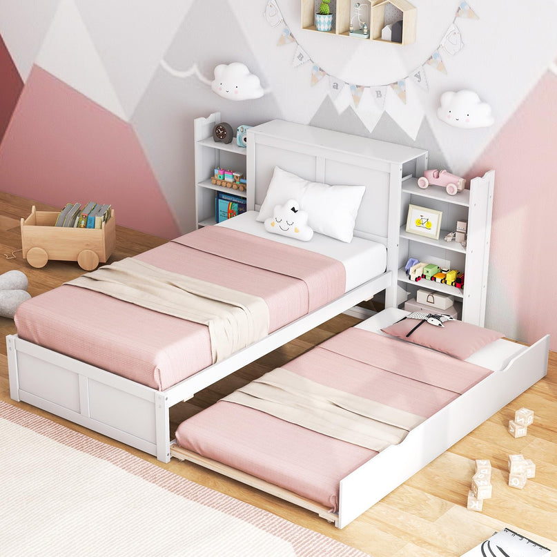 Giantex Full Bed Frame with Twin Trundle, Wooden Bed Wooden Bed Frame with 2 Rolling Bookcases & High Headboard