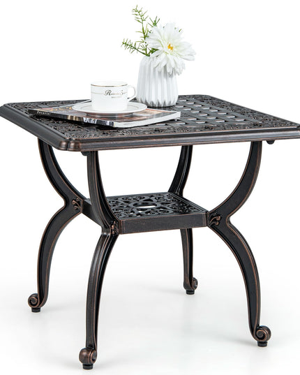Giantex 21” Patio Bistro Table, Cast Aluminum Outdoor Side Table with Storage Shelf