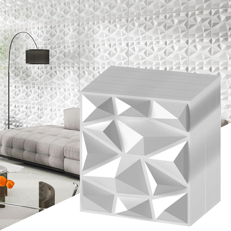 Giantex 12"x12" White PVC Decorative Wall Tiles with Diamond Pattern | 50/100 Pack 3D Wall Panels