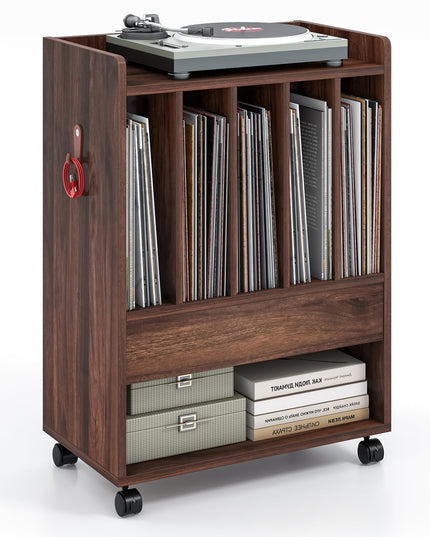 Giantex Record Player Stand, Rolling Turntable Stand with Drawer, Hook & Lockable Wheels
