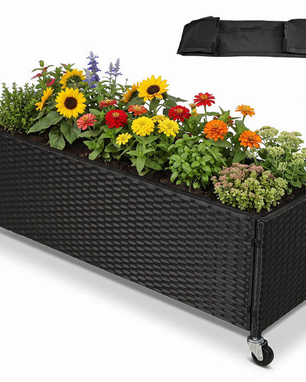 GIANTEX Wicker Raised Garden Bed w/Wheels for Vegetable Flower Herb Porch Balcony