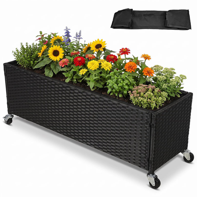 GIANTEX Wicker Raised Garden Bed w/Wheels for Vegetable Flower Herb Porch Balcony