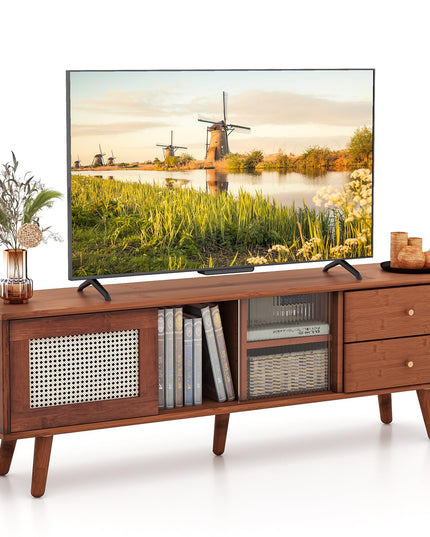 Giantex Bamboo TV Stand for 55 60 65 Inch TV, PE Rattan Entertainment Center with Sliding Doors