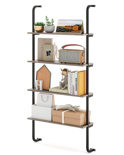 Giantex 4-Tier Industrial Bookshelf, Wall Mounted Pipe Shelving Unit, Floating Shelves with Metal Frame