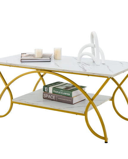 Table basse rectangulaire à 2 niveaux Giantex, table de cocktail moderne chic avec étagère de rangement ouverte, blanc/doré