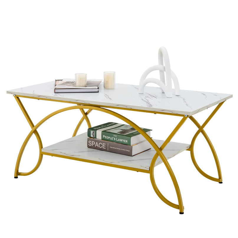 Giantex 2-Tier Rectangular Coffee Table, Modern Chic Cocktail Table with Open Storage Shelf, White/Gold