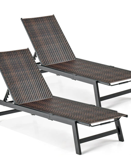 Giantex Patio Chaise Lounge Chair - Outdoor PE Rattan Recliner Chair with Wheels, 5-Position Adjustable Backrest