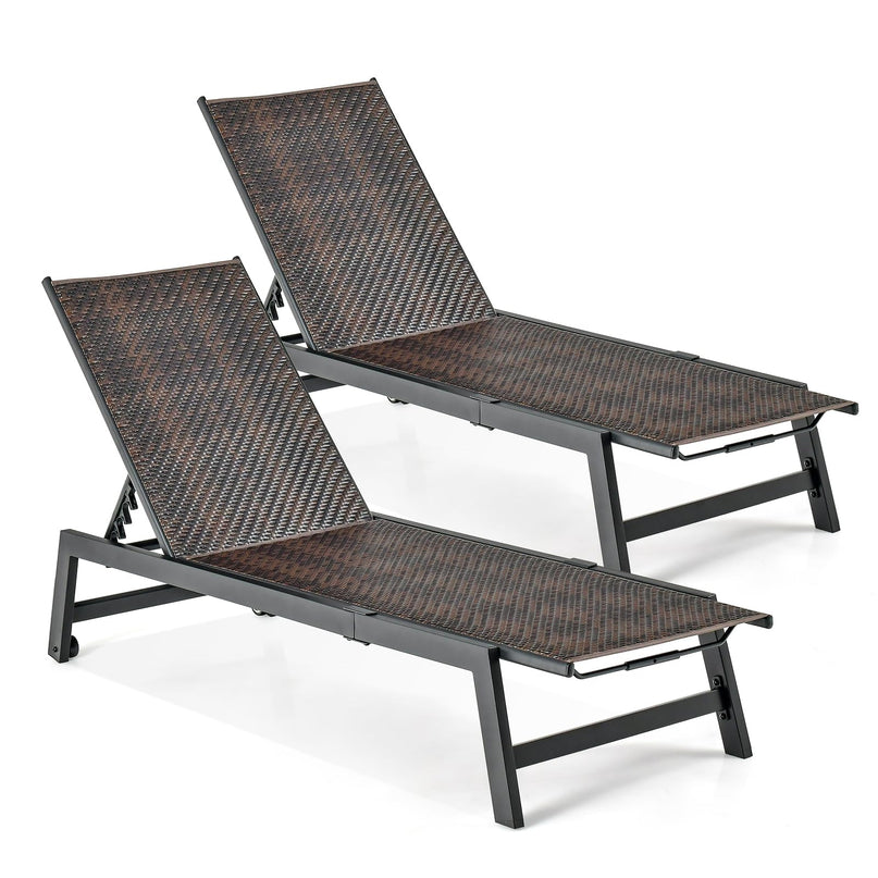Giantex Patio Chaise Lounge Chair - Outdoor PE Rattan Recliner Chair with Wheels, 5-Position Adjustable Backrest
