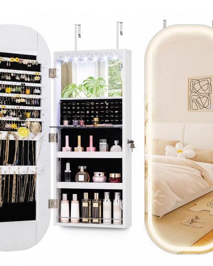 CHARMAID Wall Mount & Over the Door LED Full Length Mirror Jewelry Cabinet