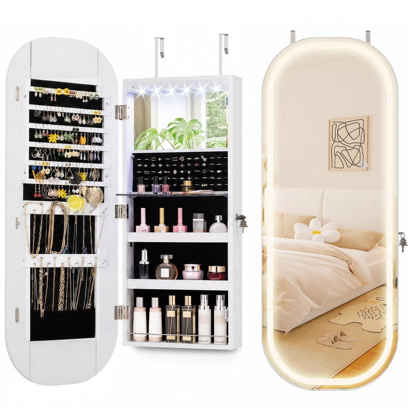CHARMAID Wall Mount & Over the Door LED Full Length Mirror Jewelry Cabinet