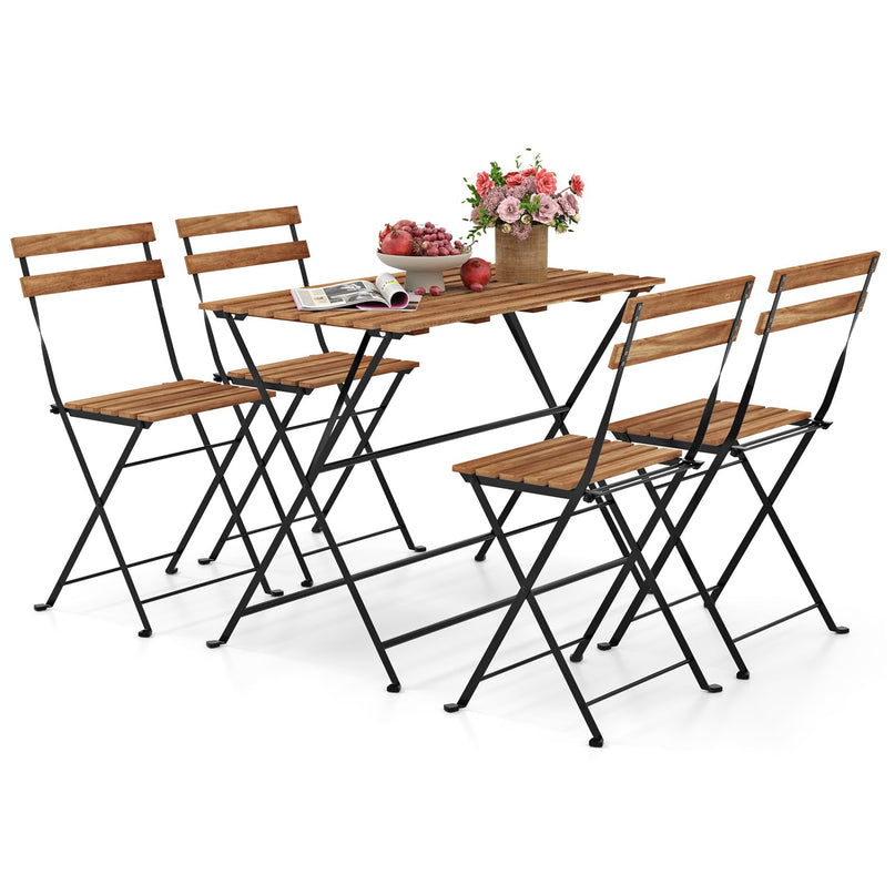 Giantex Acacia Wood Bistro Table with 4 Folding Patio Chairs for Yard Porch Garden Poolside