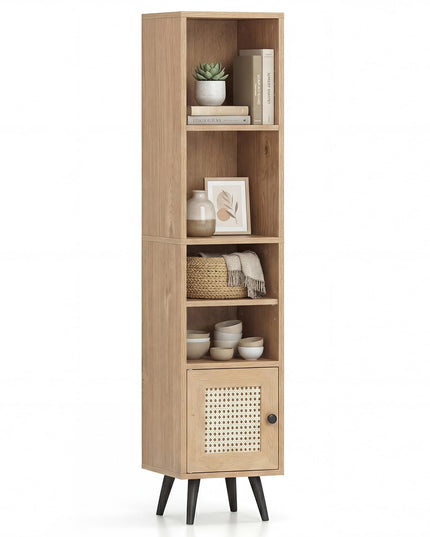 Giantex Bibliothèque Haute et Étroite à 6 Niveaux | Meuble de Rangement Mince de 137 cm avec Étagère Réglable et Porte en Rotin Style Bohème