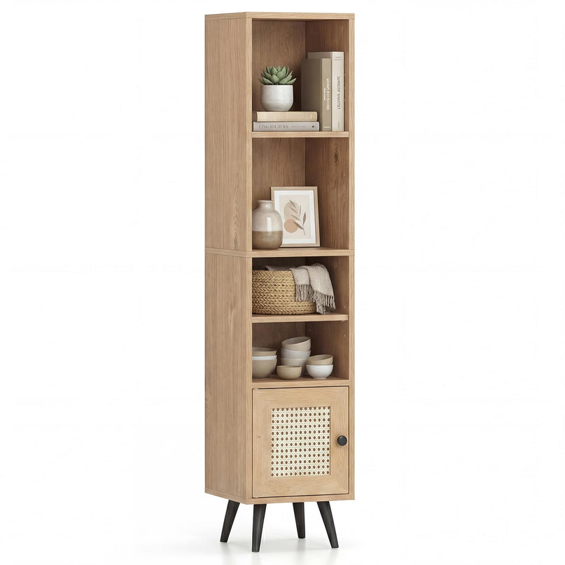 Giantex Bibliothèque Haute et Étroite à 6 Niveaux | Meuble de Rangement Mince de 137 cm avec Étagère Réglable et Porte en Rotin Style Bohème