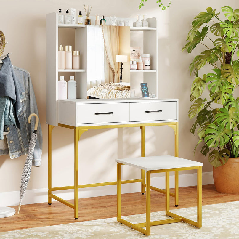 Vanity Desk with Charging Station for Bedroom