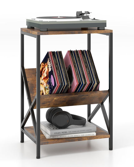 Meuble support platine vinyle Giantex, table d'appoint à 3 niveaux avec porte-revues en V, support de platine avec rangement pour jusqu'à 80 vinyles