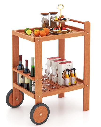 Giantex Wood Bar Cart 2 Tier Side Table with Large Wheels & Wine Bottle Rack