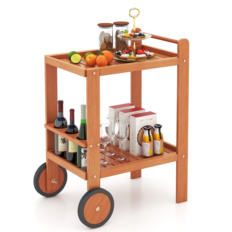 Giantex Wood Bar Cart 2 Tier Side Table with Large Wheels & Wine Bottle Rack