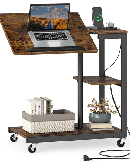 Giantex C Shaped End Table w/Charging Station & Tiltable Tabletop & Wheels