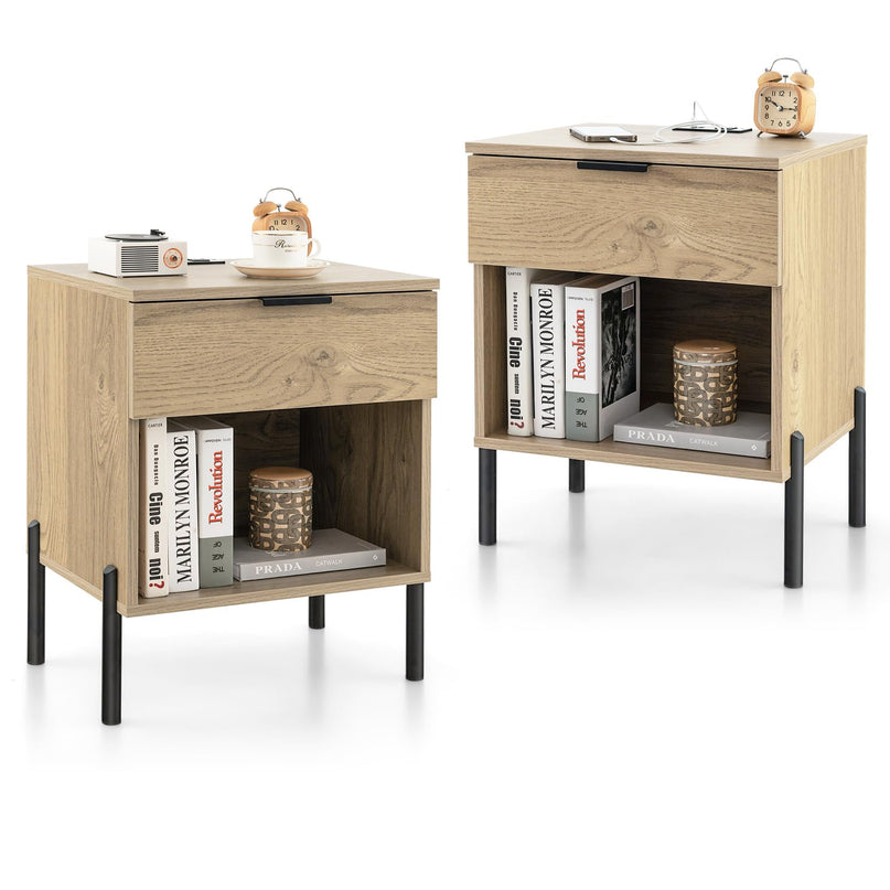 Giantex Mid Century Modern Nightstand with Charging Station