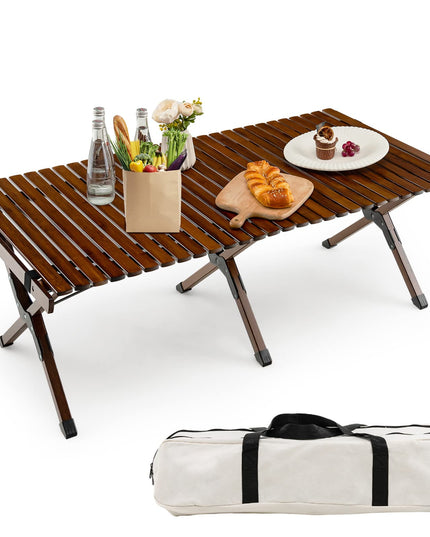 Giantex Folding Picnic Table, Wooden Roll-up Bamboo Tabletop, Portable Camping Table