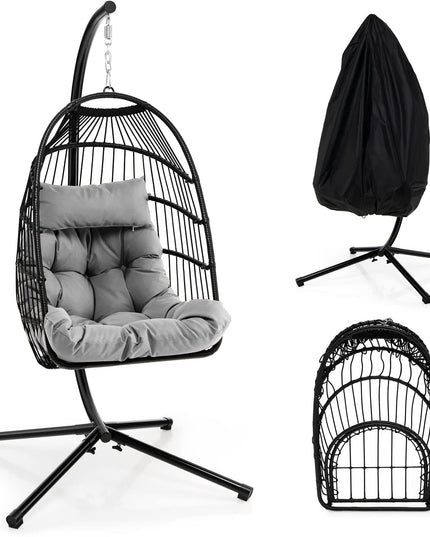 Giantex Egg Chair with Stand, Hanging Basket Chair Hammock Chair w/ Steel Stand Pillow Seat Cushion Rattan Basket & Dust Cover