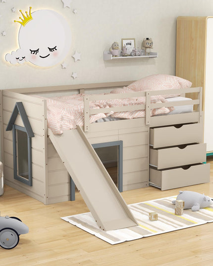 Giantex Twin Low Loft Bed with Slide, Solid Wood Twin Loft Bed with Ladder