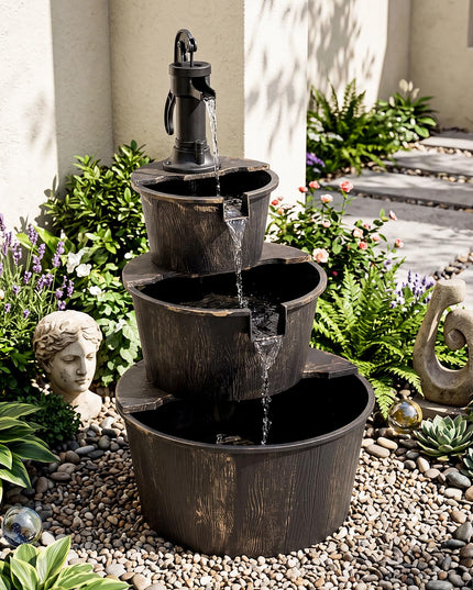 Giantex 37" 3-Tier Barrel Waterfall Fountain with Electric Pump