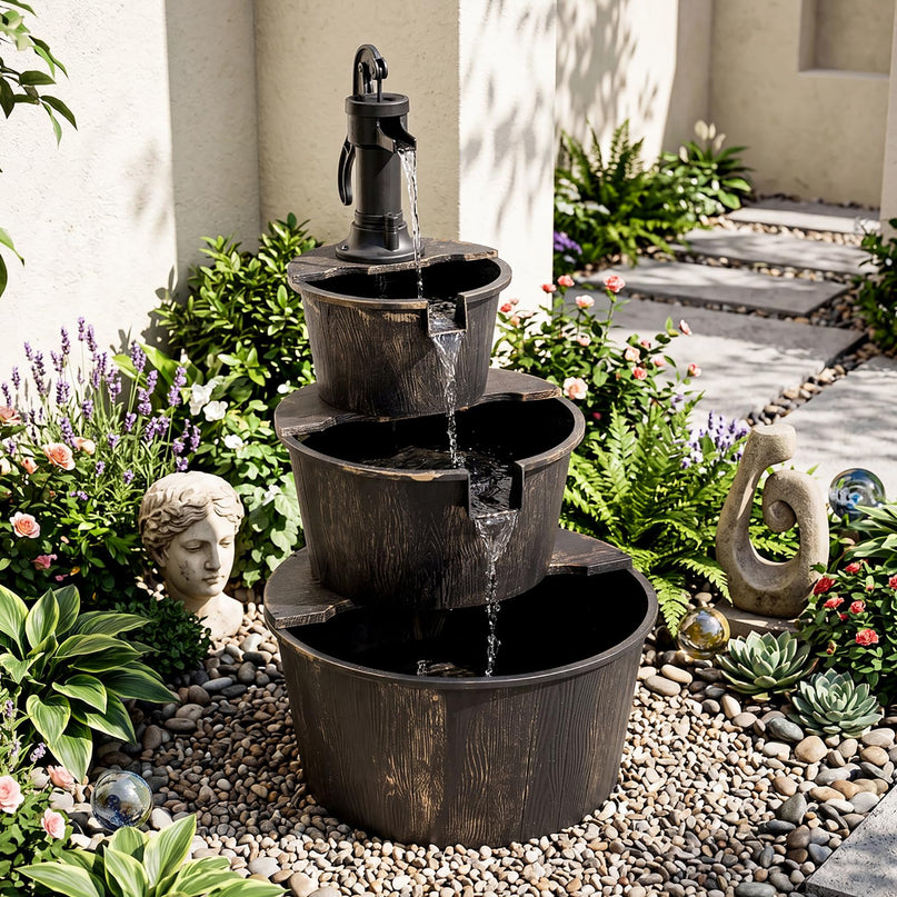 Giantex 37" 3-Tier Barrel Waterfall Fountain with Electric Pump