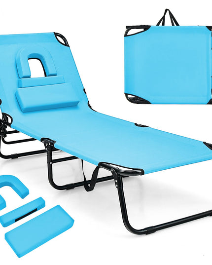 Giantex Folding Beach Tanning Chair - Adjustable Patio Lounge Chair w/Face Hole, Removable Pillows, Carry Strap
